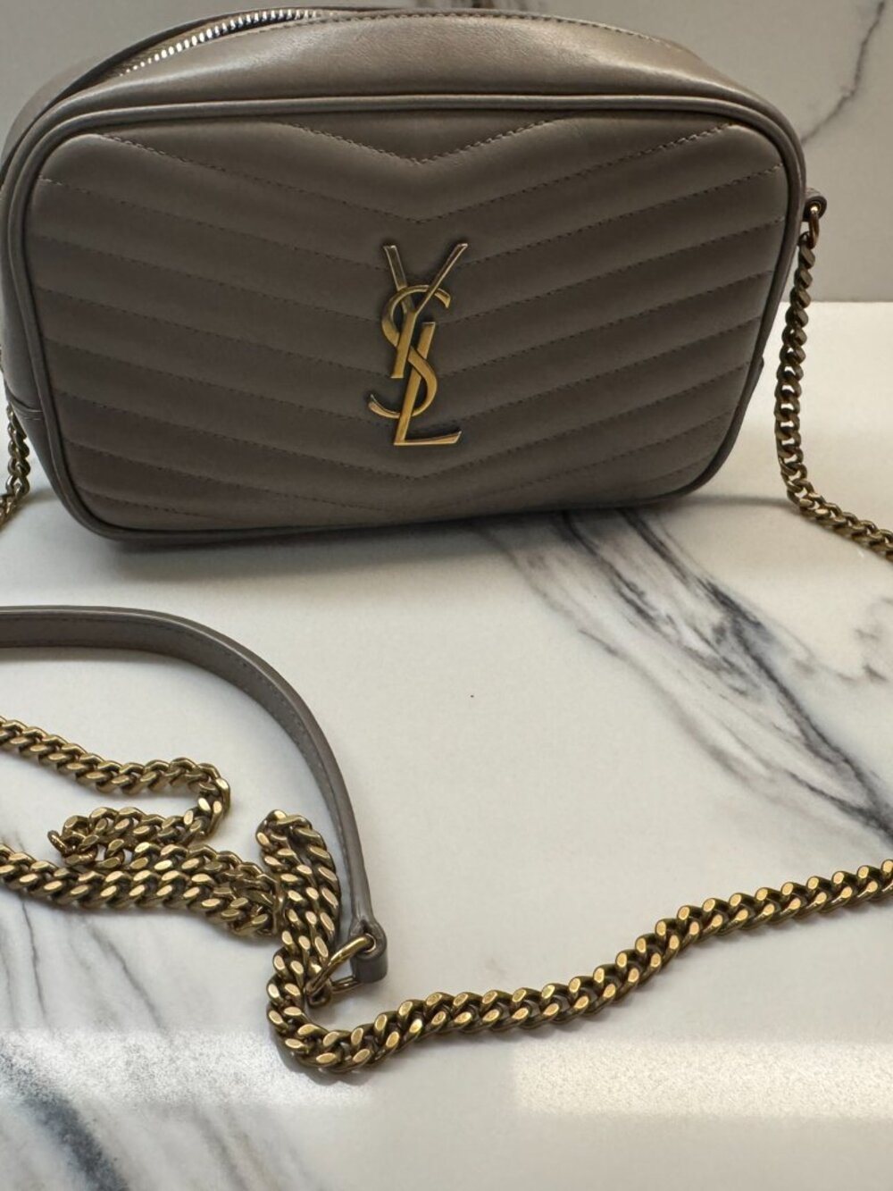 Yves Saint Laurent Taupe Quilted Leather Crossbody with Gold Chain